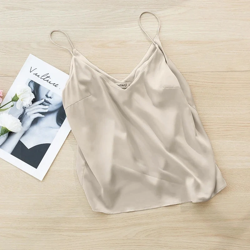 Chic Satin V-Neck Tank Top for Summer - Luxurious Sleeveless Camisole for Stylish Women