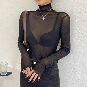 Chic See-Through Long Sleeve T-Shirt for Women - Lightweight Transparent Blouse in Pink & Green, Perfect for Layering and Stylish Casual Looks
