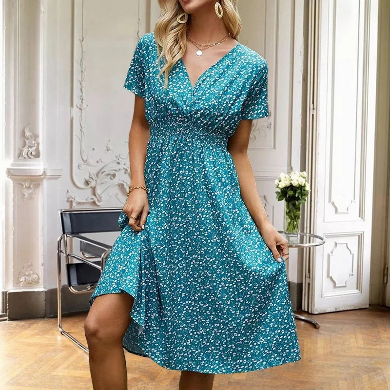 Chic Summer Floral Print A-Line Dress for Women ?C Casual V-Neck Mid-Calf Style with Loose Fit and Short Sleeves