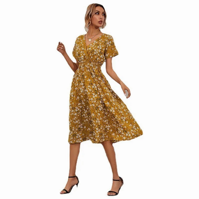 Chic Summer Floral Print A-Line Dress for Women ?C Casual V-Neck Mid-Calf Style with Loose Fit and Short Sleeves