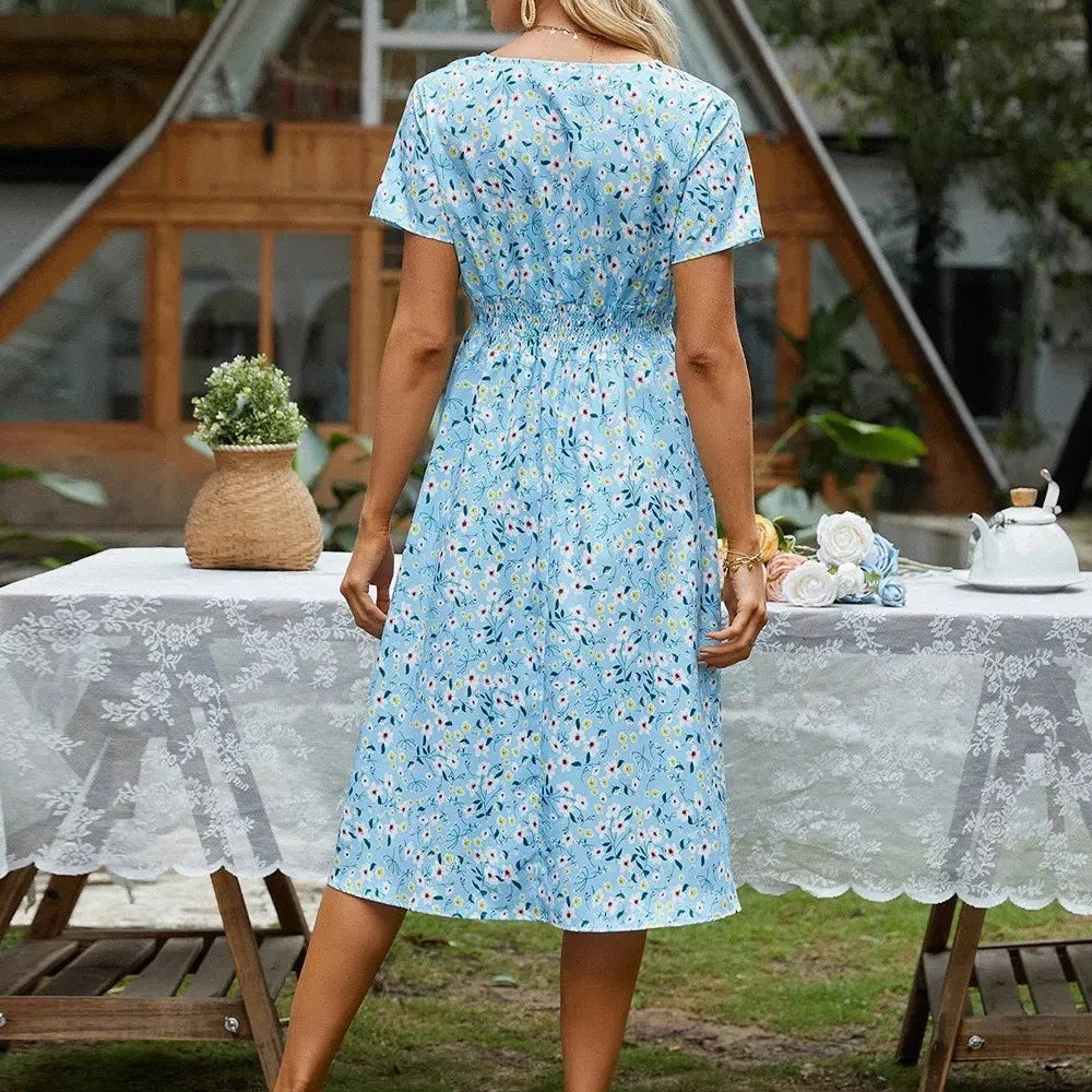 Chic Summer Floral Print A-Line Dress for Women ?C Casual V-Neck Mid-Calf Style with Loose Fit and Short Sleeves