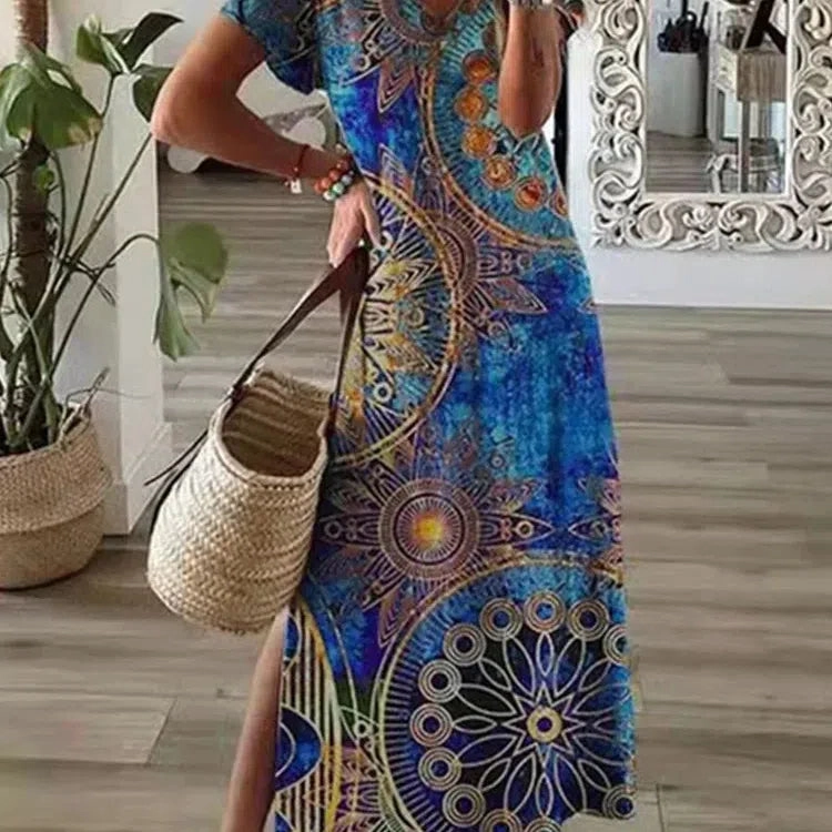 Chic T-Shirt Style Printed Maxi Dress Women Round Neck Casual Summer Vacation Dress