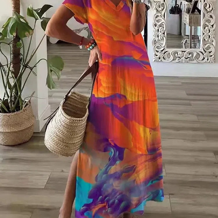 Chic T-Shirt Style Printed Maxi Dress Women Round Neck Casual Summer Vacation Dress