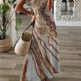 Chic T-Shirt Style Printed Maxi Dress Women Round Neck Casual Summer Vacation Dress