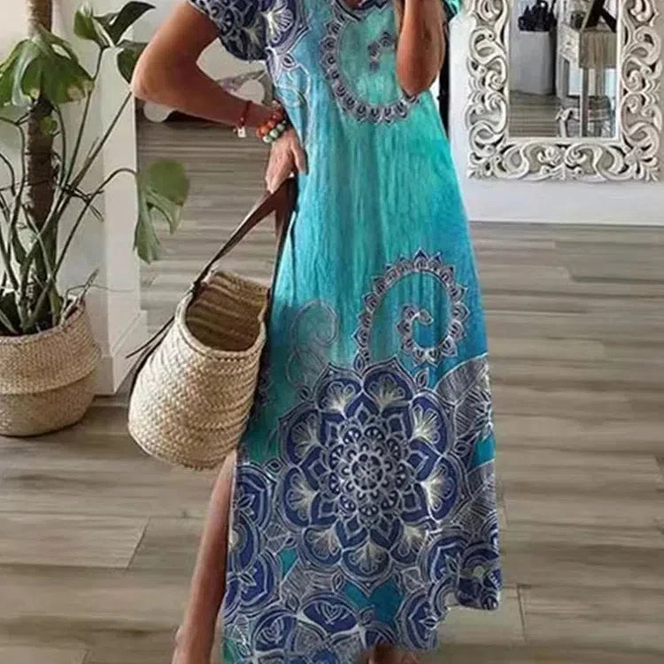 Chic T-Shirt Style Printed Maxi Dress Women Round Neck Casual Summer Vacation Dress