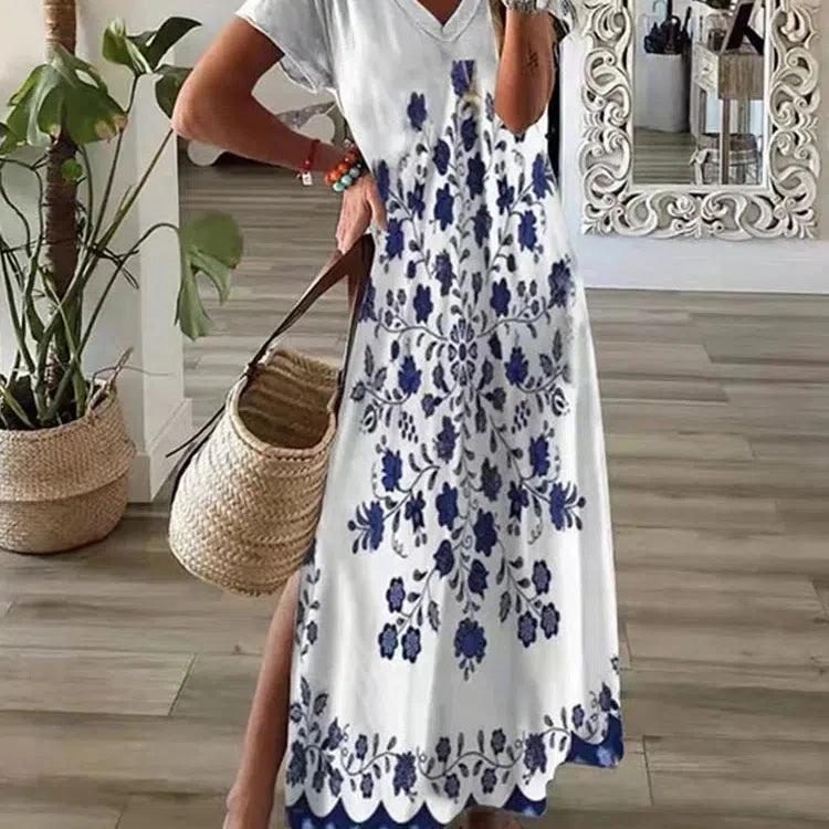 Chic T-Shirt Style Printed Maxi Dress Women Round Neck Casual Summer Vacation Dress