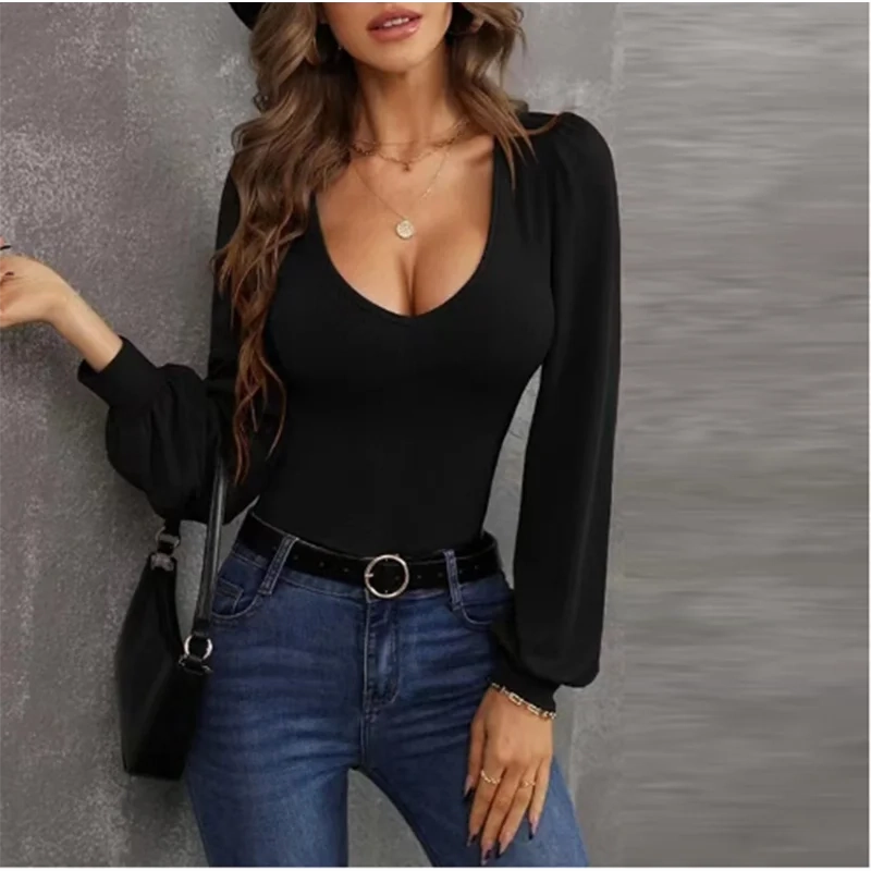 Chic U-Neck Long Sleeve Slim Fit T-Shirt for Women - Stylish Lantern Sleeves in Solid Autumn Colors