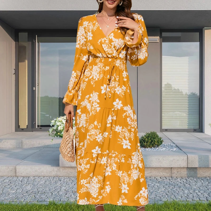 Chic V-Neck Floral Print Long Sleeve Dress with Waist Tie ?C Bohemian Style for Effortless Autumn Elegance