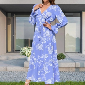 Chic V-Neck Floral Print Long Sleeve Dress with Waist Tie ?C Bohemian Style for Effortless Autumn Elegance