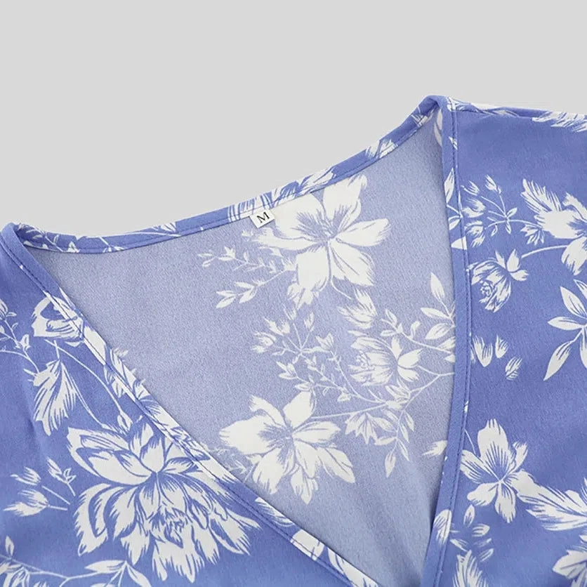 Chic V-Neck Floral Print Long Sleeve Dress with Waist Tie ?C Bohemian Style for Effortless Autumn Elegance