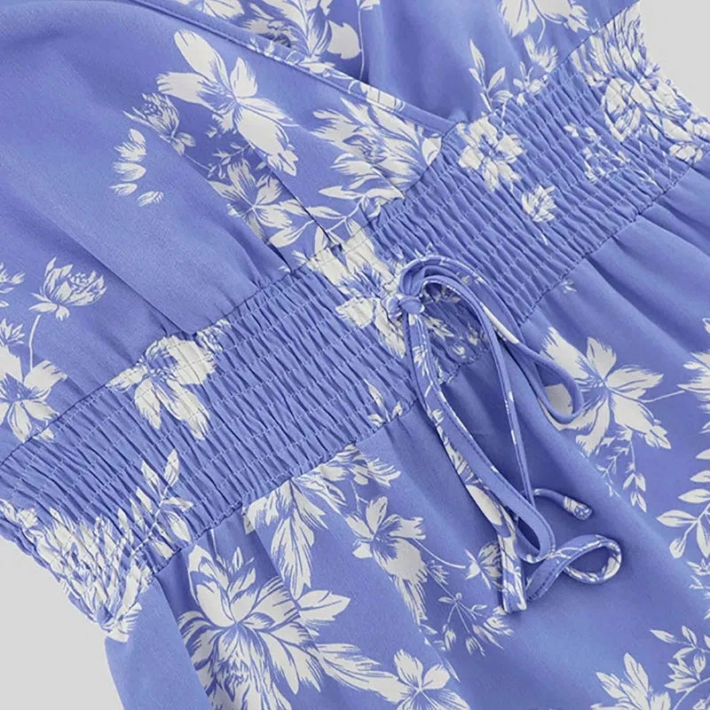 Chic V-Neck Floral Print Long Sleeve Dress with Waist Tie ?C Bohemian Style for Effortless Autumn Elegance
