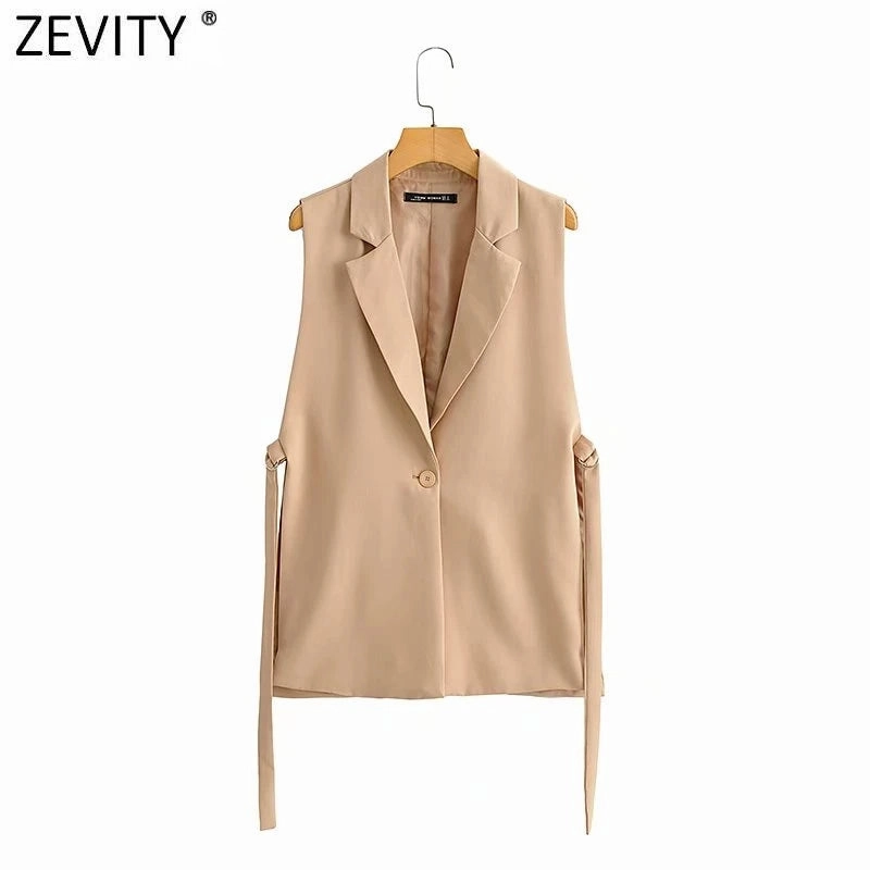 Chic Vintage Women's Sleeveless One-Button Vest with Side Split - Elegant Office Outerwear Waistcoat for All Seasons