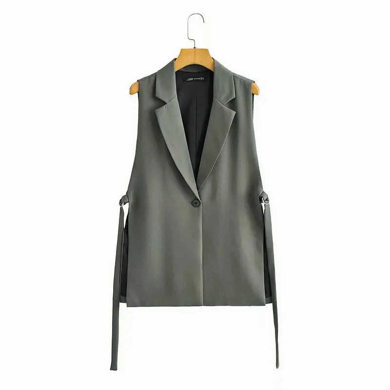 Chic Vintage Women's Sleeveless One-Button Vest with Side Split - Elegant Office Outerwear Waistcoat for All Seasons