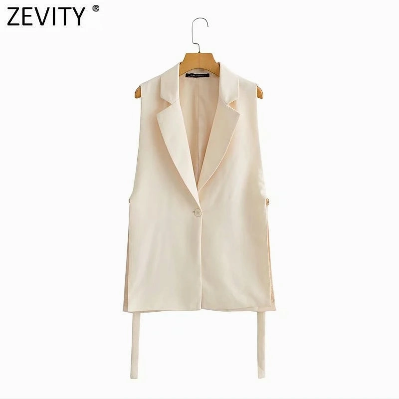 Chic Vintage Women's Sleeveless One-Button Vest with Side Split - Elegant Office Outerwear Waistcoat for All Seasons