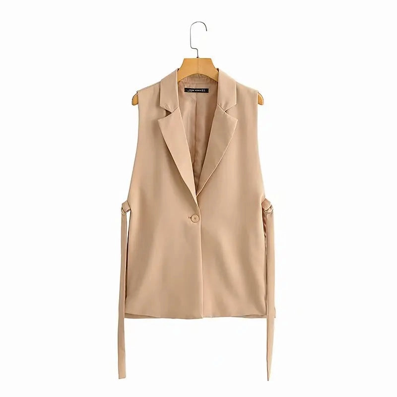 Chic Vintage Women's Sleeveless One-Button Vest with Side Split - Elegant Office Outerwear Waistcoat for All Seasons