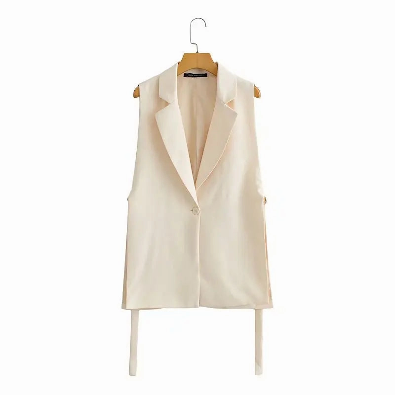 Chic Vintage Women's Sleeveless One-Button Vest with Side Split - Elegant Office Outerwear Waistcoat for All Seasons