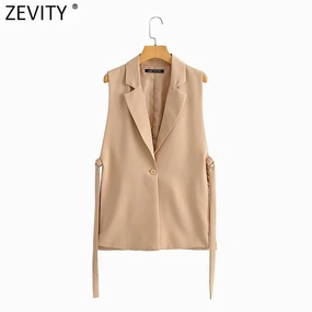 Chic Vintage Women's Sleeveless One-Button Vest with Side Split - Elegant Office Outerwear Waistcoat for All Seasons