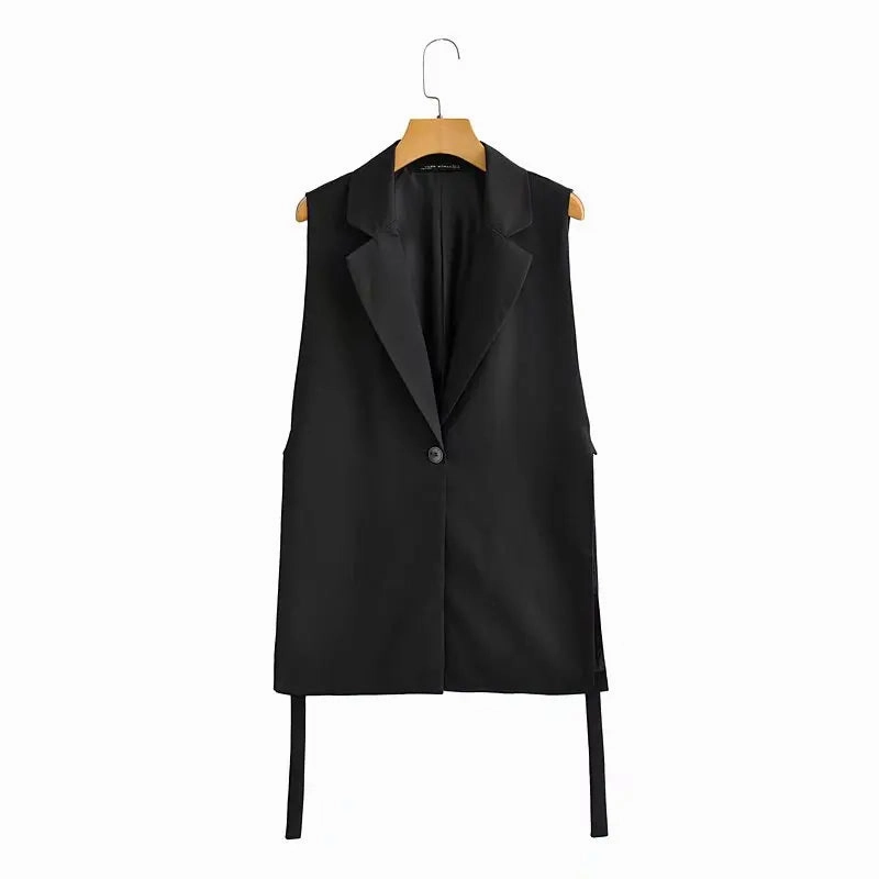 Chic Vintage Women's Sleeveless One-Button Vest with Side Split - Elegant Office Outerwear Waistcoat for All Seasons