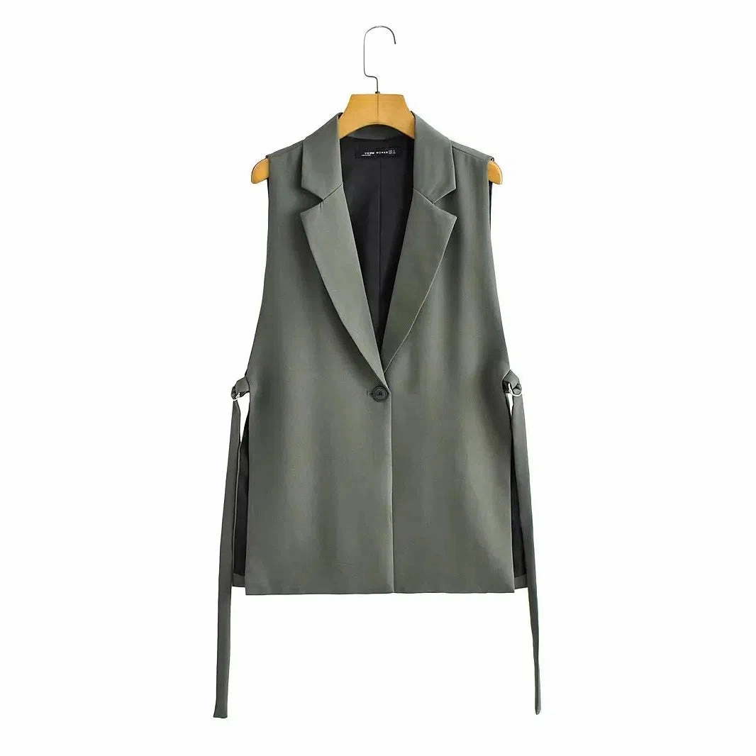 Chic Vintage Women's Sleeveless One-Button Vest with Side Split - Elegant Office Outerwear Waistcoat for All Seasons