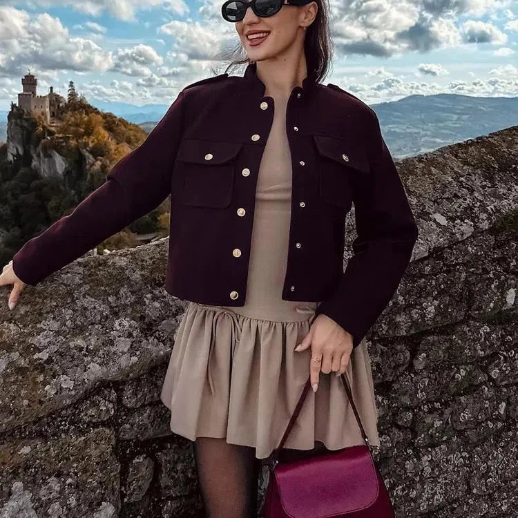 Chic Vintage Women??s Soft Tweed Bomber Jacket with Pockets & Buttons - Cozy Loose Fit for Year-Round Style