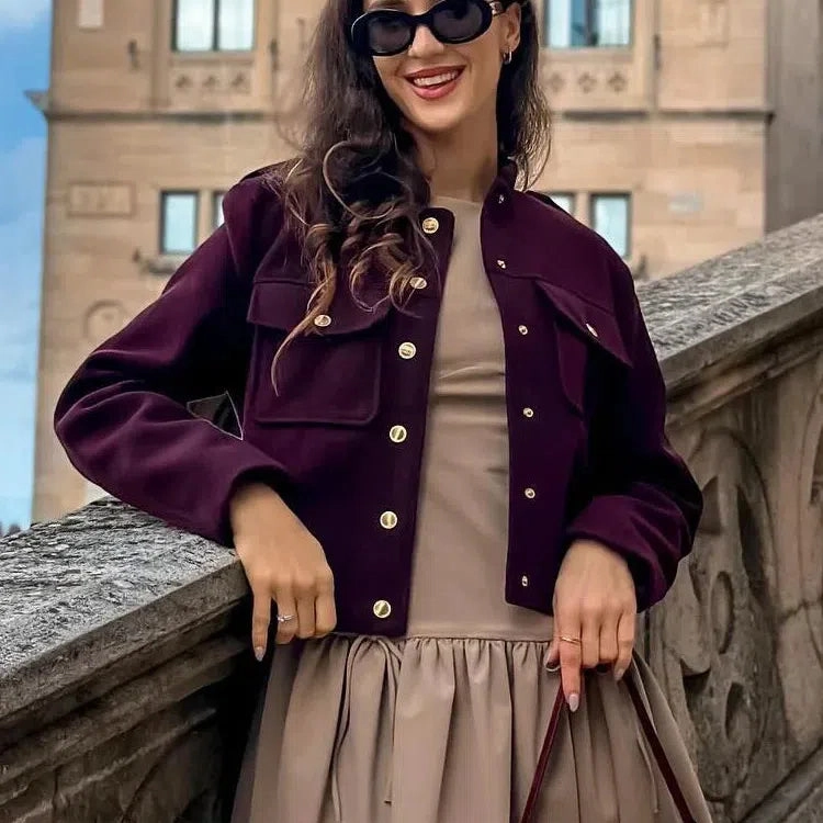 Chic Vintage Women??s Soft Tweed Bomber Jacket with Pockets & Buttons - Cozy Loose Fit for Year-Round Style