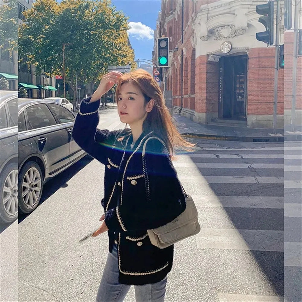 Chic White Mink Cashmere Sweater Coat for Women - Cozy Autumn Winter Knitted Cardigan with Loose Fit and O Neck for Effortless Style