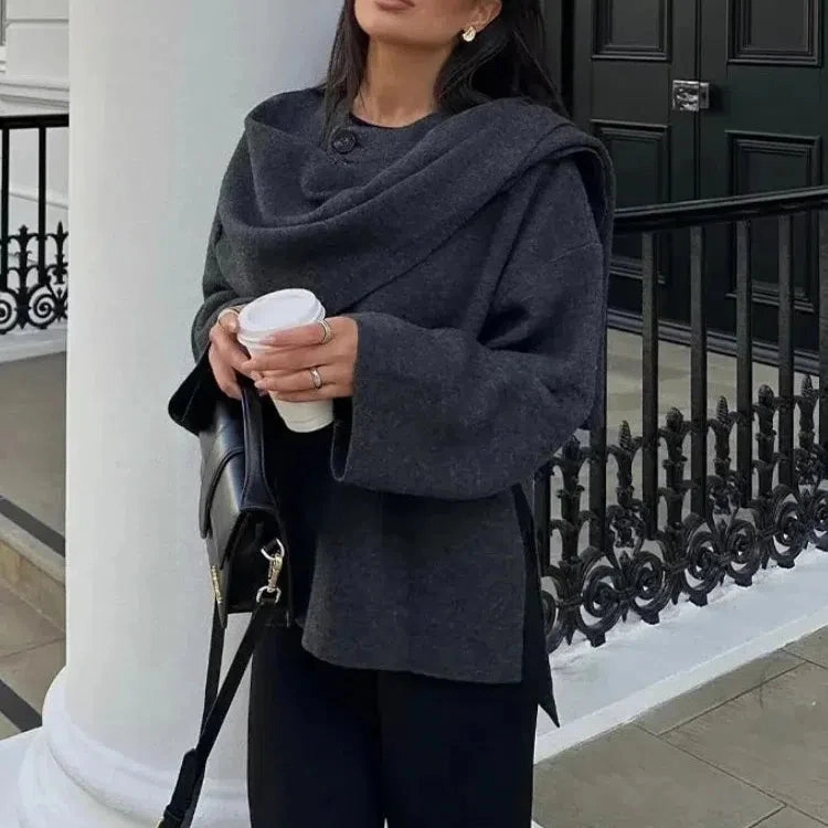 Chic Women's Asymmetric Knitted Jacket with Single Button and Side Slit - Casual O-Neck Winter Coat