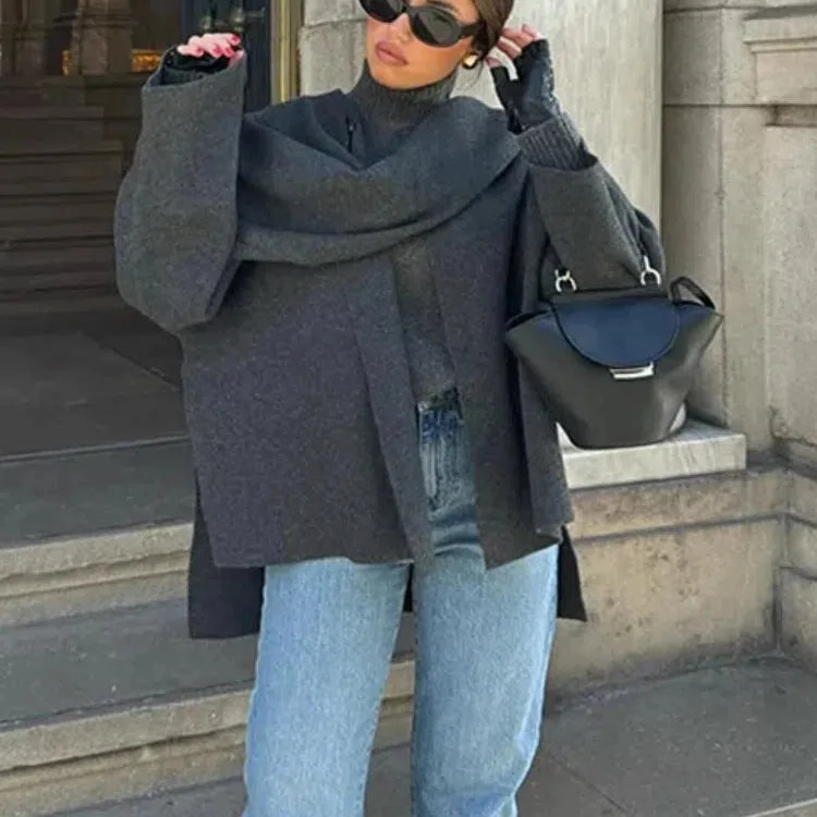 Chic Women's Asymmetric Knitted Jacket with Single Button and Side Slit - Casual O-Neck Winter Coat