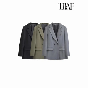 Chic Women's Double Breasted Blazer Coat - Stylish Long Sleeve Office Outerwear with Flap Pockets for Autumn/Winter Fashion