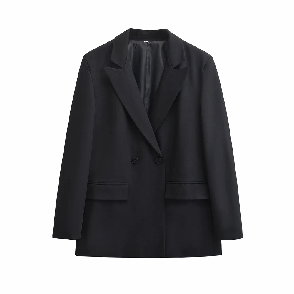 Chic Women's Double Breasted Blazer Coat - Stylish Long Sleeve Office Outerwear with Flap Pockets for Autumn/Winter Fashion