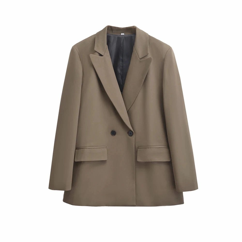 Chic Women's Double Breasted Blazer Coat - Stylish Long Sleeve Office Outerwear with Flap Pockets for Autumn/Winter Fashion