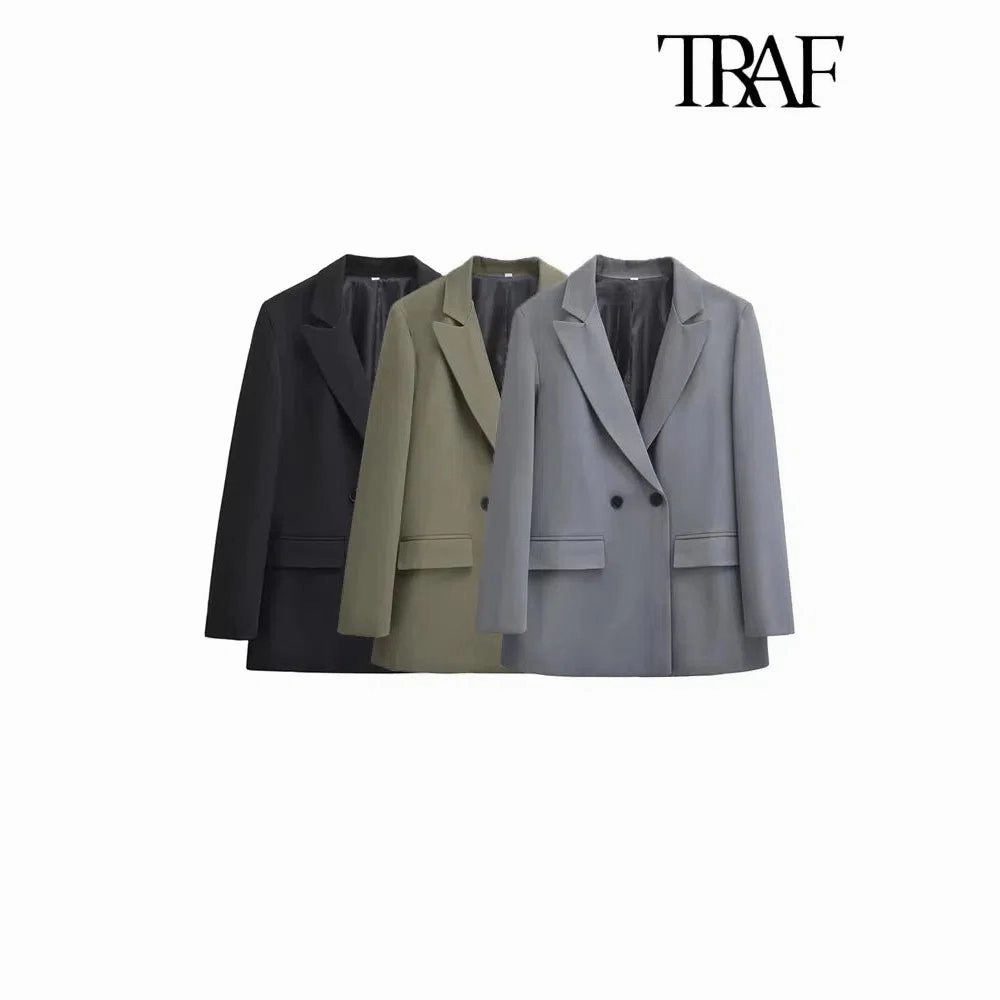 Chic Women's Double Breasted Blazer Coat - Stylish Long Sleeve Office Outerwear with Flap Pockets for Autumn/Winter Fashion