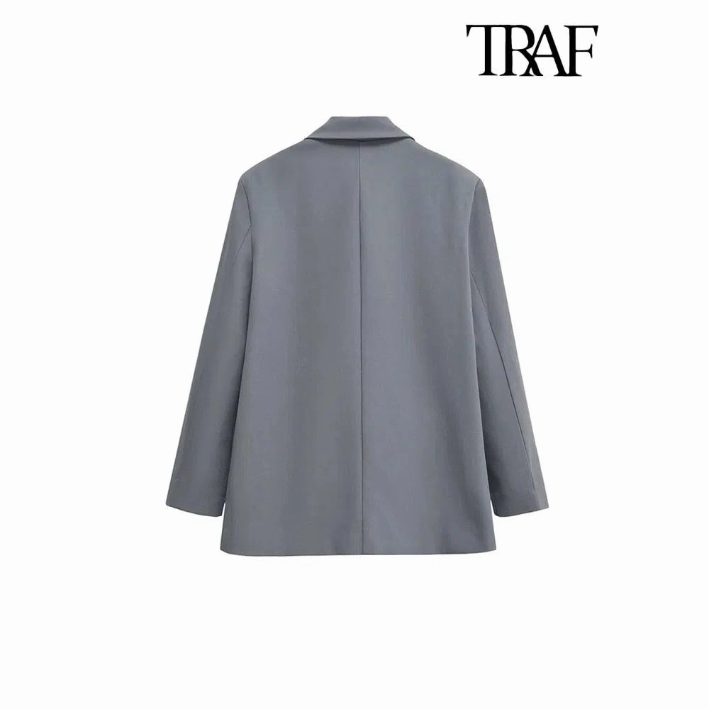 Chic Women's Double Breasted Blazer Coat - Stylish Long Sleeve Office Outerwear with Flap Pockets for Autumn/Winter Fashion