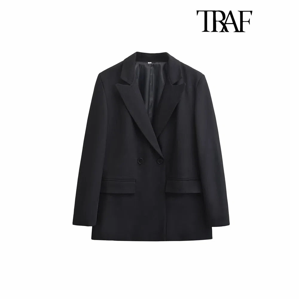 Chic Women's Double Breasted Blazer Coat - Stylish Long Sleeve Office Outerwear with Flap Pockets for Autumn/Winter Fashion