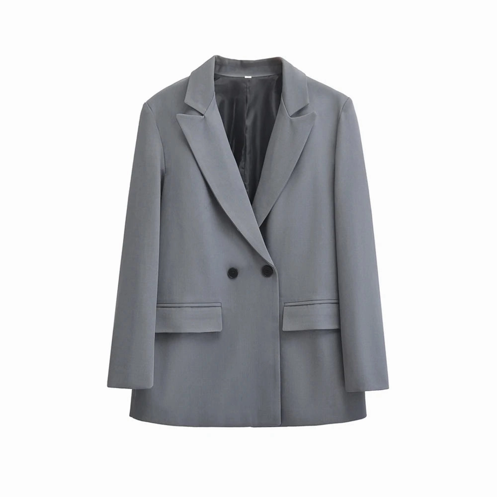 Chic Women's Double Breasted Blazer Coat - Stylish Long Sleeve Office Outerwear with Flap Pockets for Autumn/Winter Fashion