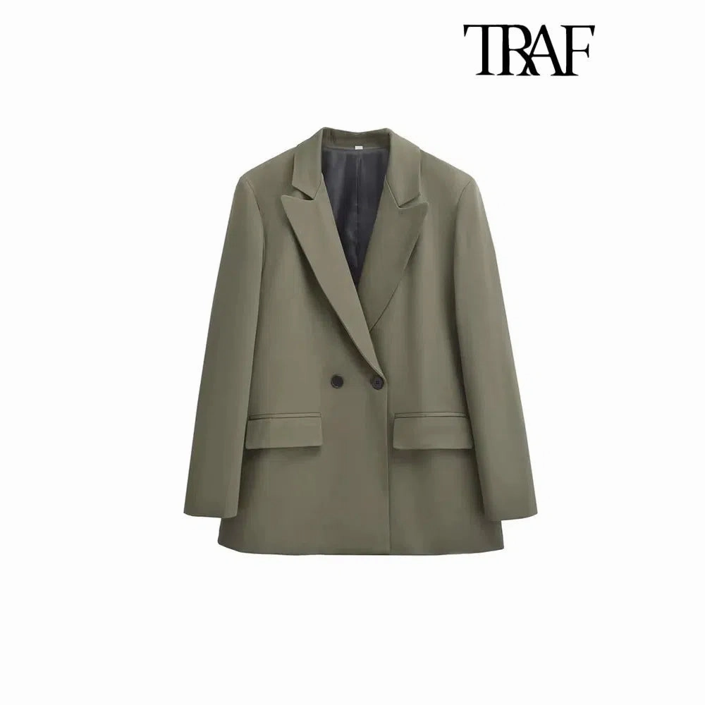 Chic Women's Double Breasted Blazer Coat - Stylish Long Sleeve Office Outerwear with Flap Pockets for Autumn/Winter Fashion
