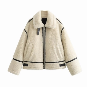 Chic Women's Faux Fur Motorcycle Jacket - Trendy Autumn Coat with Pockets & Slimming Fit for Casual Elegance