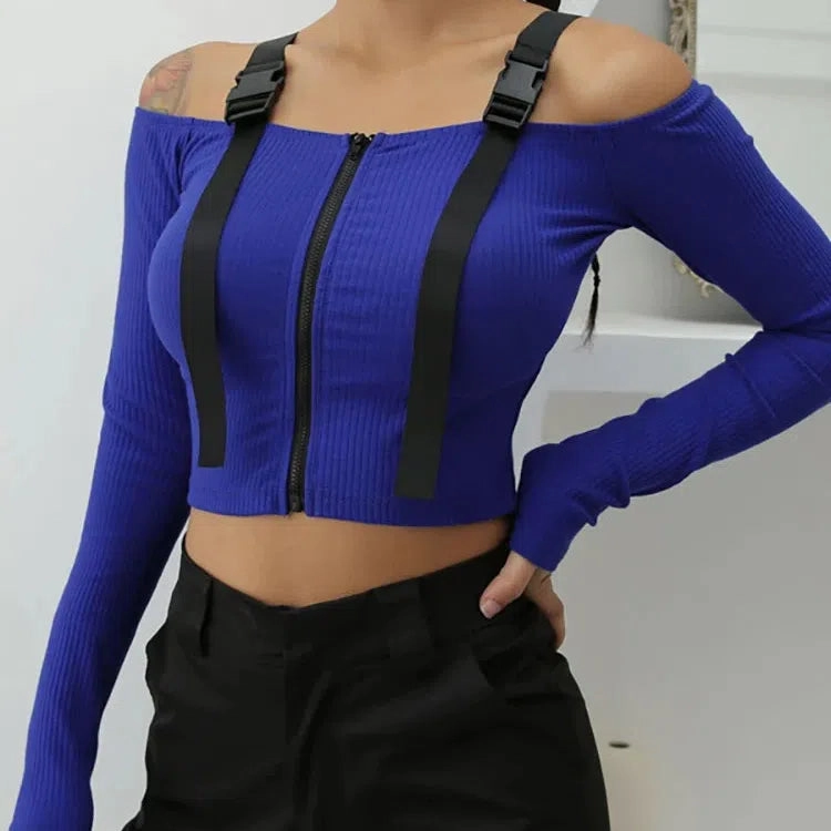 Chic Women's Long Sleeve Crop Top - Sexy Knitted Cotton T-Shirt in Black - Trendy Spring Korean Fashion