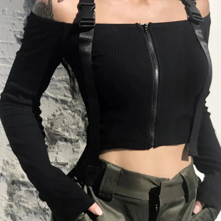 Chic Women's Long Sleeve Crop Top - Sexy Knitted Cotton T-Shirt in Black - Trendy Spring Korean Fashion