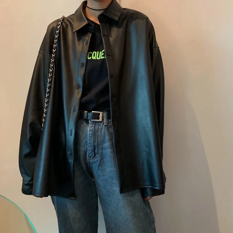 Chic Women's PU Leather Biker Jacket - Stylish Long Coat for Spring & Autumn in Classic Black