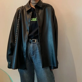 Chic Women's PU Leather Biker Jacket - Stylish Long Coat for Spring & Autumn in Classic Black