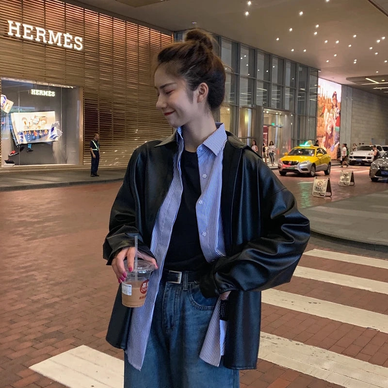 Chic Women's PU Leather Biker Jacket - Stylish Long Coat for Spring & Autumn in Classic Black