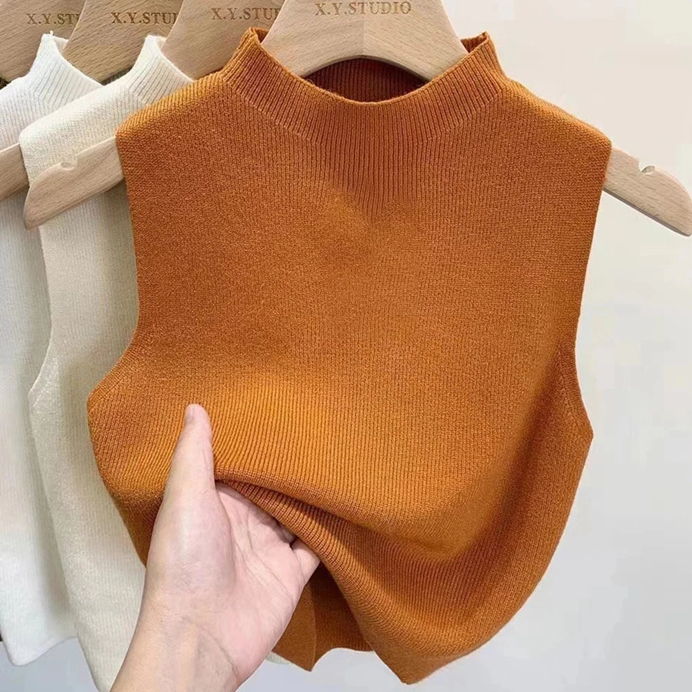 Chic Women's Sleeveless Knitted Cropped Tank Top - Solid Color Half-Turtleneck Camisole for Spring & Autumn Fashion