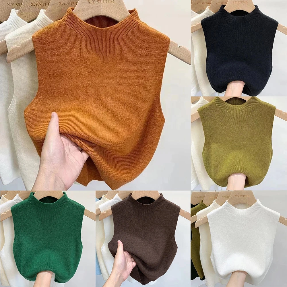 Chic Women's Sleeveless Knitted Cropped Tank Top - Solid Color Half-Turtleneck Camisole for Spring & Autumn Fashion