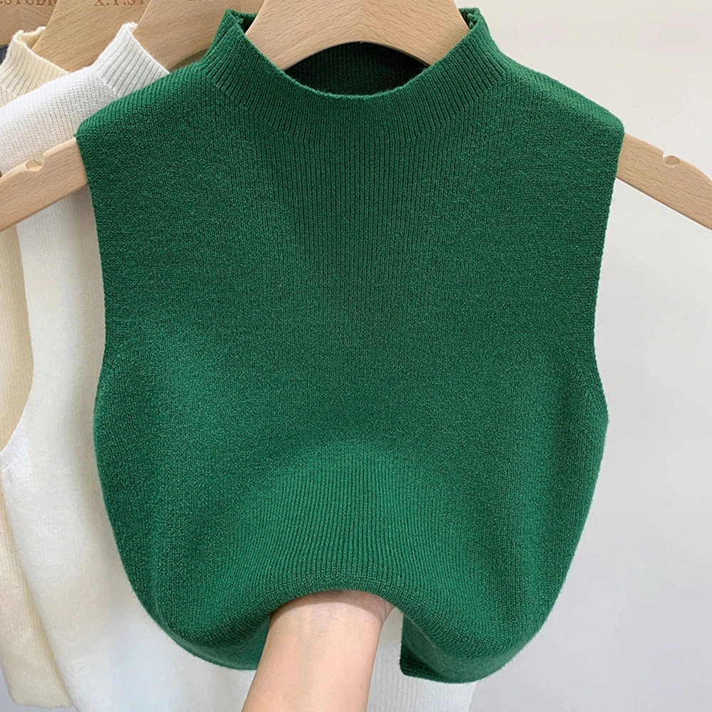 Chic Women's Sleeveless Knitted Cropped Tank Top - Solid Color Half-Turtleneck Camisole for Spring & Autumn Fashion