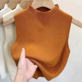 Chic Women's Sleeveless Knitted Cropped Tank Top - Solid Color Half-Turtleneck Camisole for Spring & Autumn Fashion
