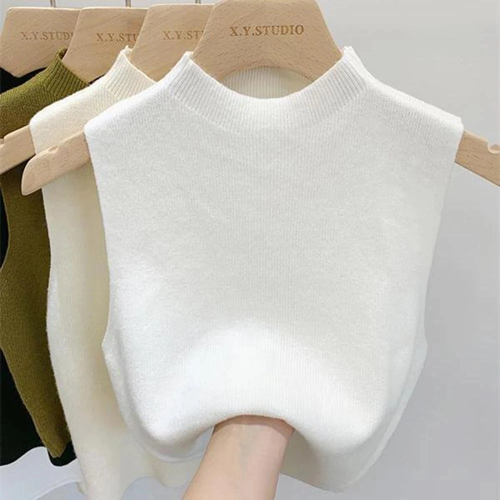 Chic Women's Sleeveless Knitted Cropped Tank Top - Solid Color Half-Turtleneck Camisole for Spring & Autumn Fashion