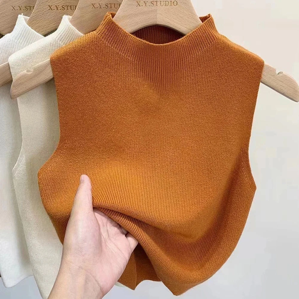 Chic Women's Sleeveless Knitted Cropped Tank Top - Solid Color Half-Turtleneck Camisole for Spring & Autumn Fashion