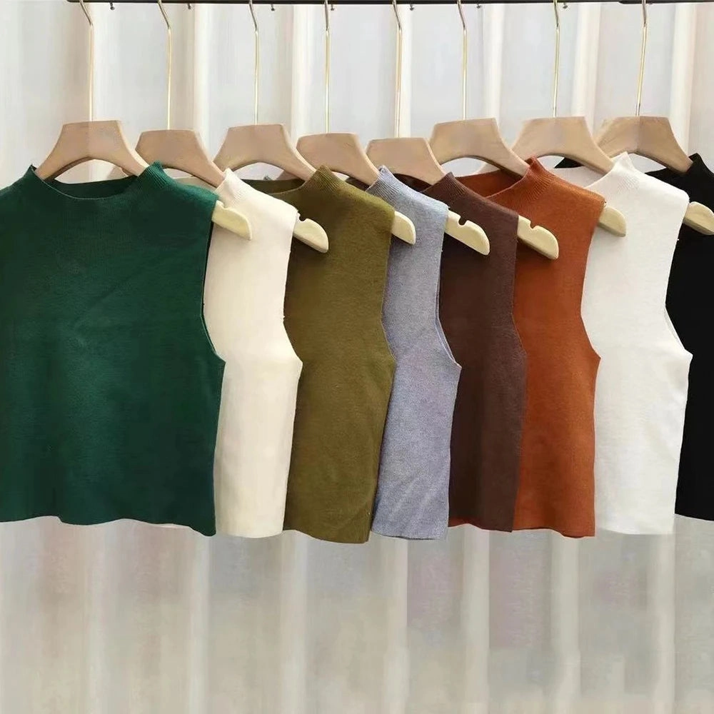 Chic Women's Sleeveless Knitted Cropped Tank Top - Solid Color Half-Turtleneck Camisole for Spring & Autumn Fashion
