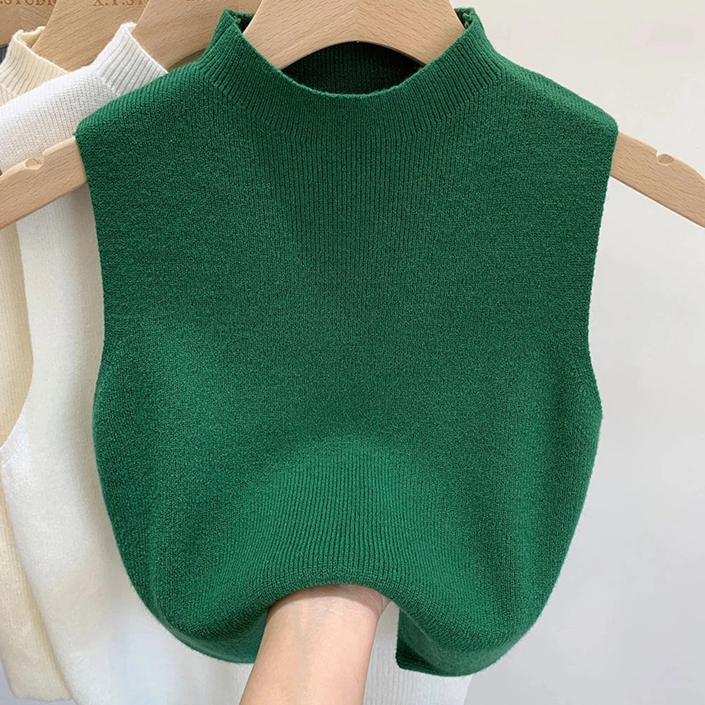 Chic Women's Sleeveless Knitted Cropped Tank Top - Solid Color Half-Turtleneck Camisole for Spring & Autumn Fashion